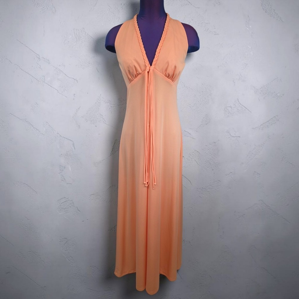 Vintage 70s Peach Braided Halter Maxi Dress Open Back Tassel Empire Waist Disco